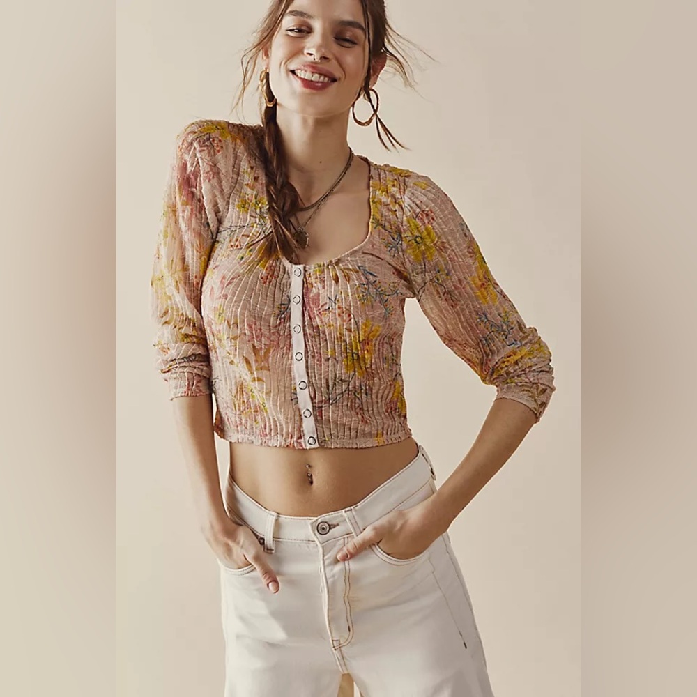 We The Free by Free People Angelina Floral Stretch Cropped Top Shirt Blouse XS - Picture 1 of 5